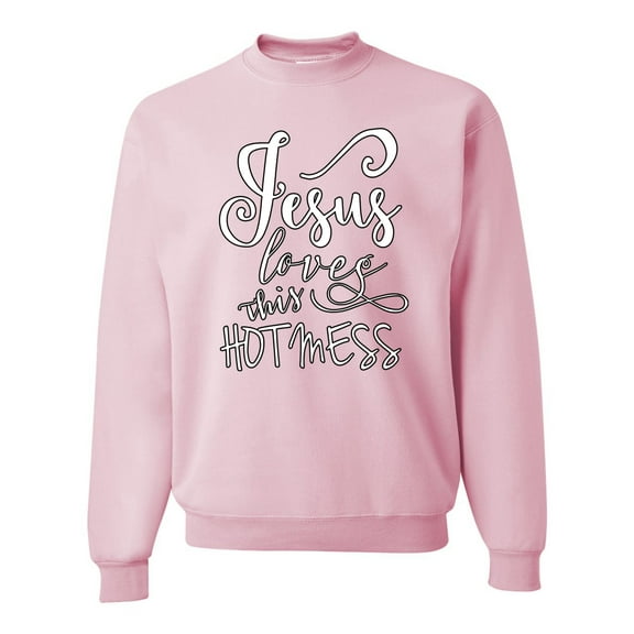 Wild Bobby, Jesus Love This Hot Mess Inspirational/Christian Unisex Crewneck Graphic Sweatshirt, Light Pink, Medium
