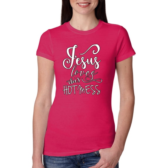 Jesus Love This Hot Mess Inspirational/Christian Womens Slim Fit Junior Tee, Raspberry, Large