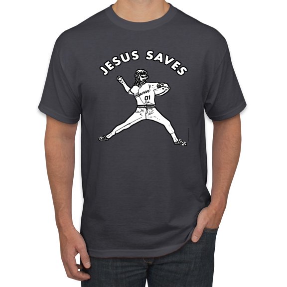 Wild Bobby, Jesus Saves Baseball Pitcher Reliever, Inspirational/Christian, Men's Graphic Tees, Charcoal, Small