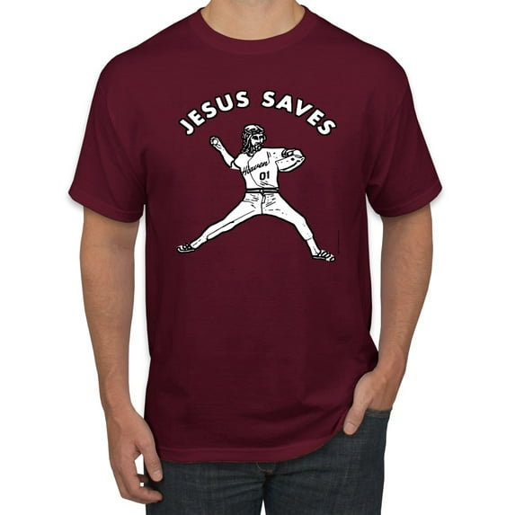 Wild Bobby, Jesus Saves Baseball Pitcher Reliever, Inspirational/Christian, Men's Graphic Tees, Maroon, X-Large