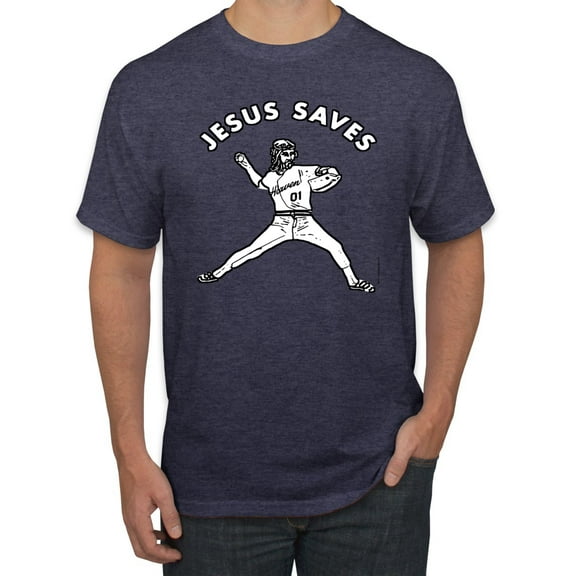 Wild Bobby, Jesus Saves Baseball Pitcher Reliever, Inspirational/Christian, Men's Graphic Tees, Vintage Heather Navy, Medium