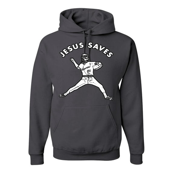 Wild Bobby, Jesus Saves Baseball Pitcher Reliever, Inspirational/Christian, Unisex Graphic Hoodie Sweatshirt, Charcoal, 2XL