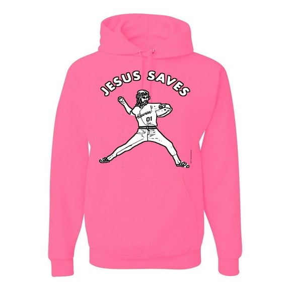 Wild Bobby, Jesus Saves Baseball Pitcher Reliever, Inspirational/Christian, Unisex Graphic Hoodie Sweatshirt, Neon Pink, 2XL