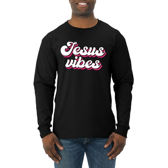 Wild Bobby, Jesus Vibes Inspirational/Christian Men Long Sleeve Shirt, Black, Small