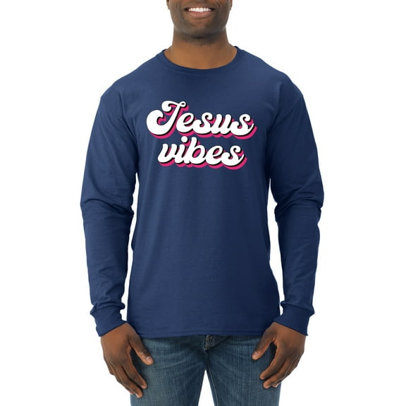 Wild Bobby, Jesus Vibes Inspirational/Christian Men Long Sleeve Shirt, Navy, Small