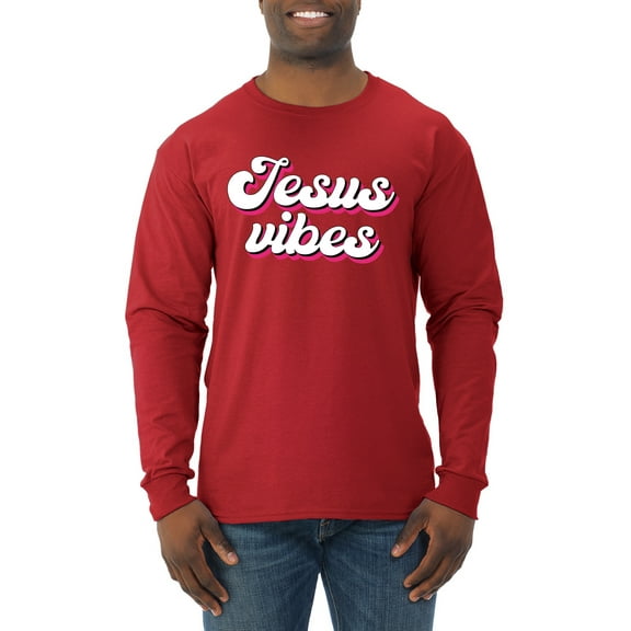 Wild Bobby, Jesus Vibes Inspirational/Christian Men Long Sleeve Shirt, Red, X-Large