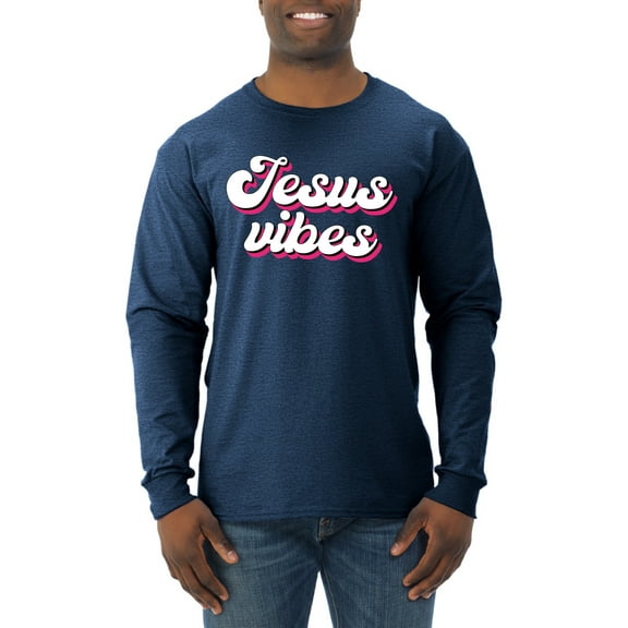 Wild Bobby, Jesus Vibes Inspirational/Christian Men Long Sleeve Shirt, Vintage Heather Navy, Medium