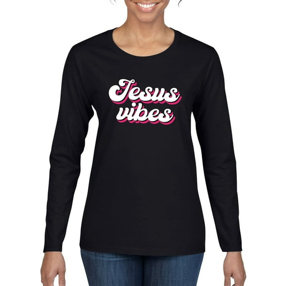 Wild Bobby Jesus Vibes Inspirational/Christian Women Graphic Long Sleeve Tee, Black, Small