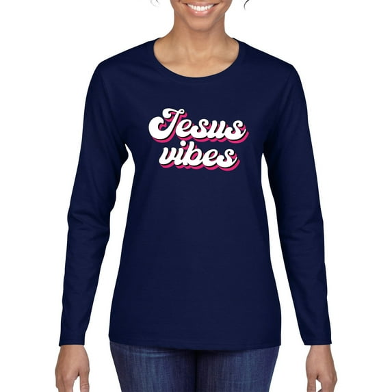 Wild Bobby Jesus Vibes Inspirational/Christian Women Graphic Long Sleeve Tee, Navy, XX-Large