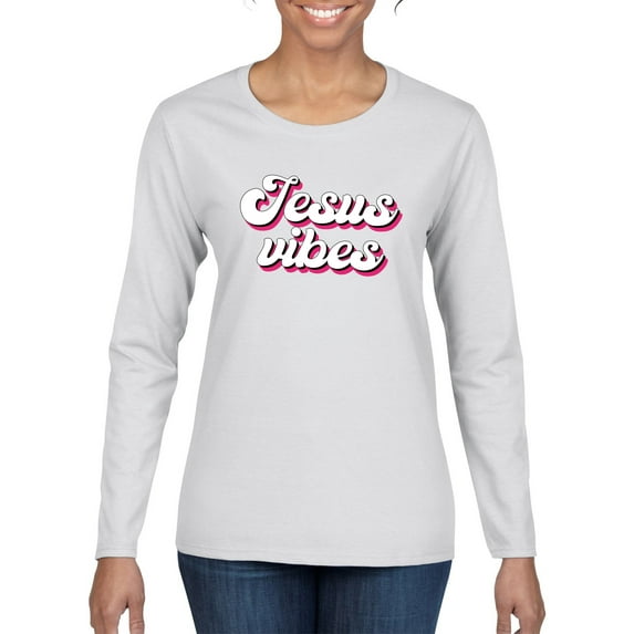 Wild Bobby, Jesus Vibes Inspirational/Christian Women Graphic Long Sleeve Tee, White, Small