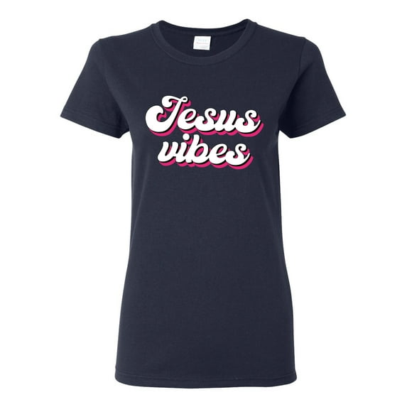 Wild Bobby Jesus Vibes Inspirational/Christian Women Graphic Tee, Navy, Medium