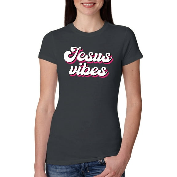 Wild Bobby, Jesus Vibes Inspirational/Christian Women Slim Fit Junior Tee, Dark Grey, Medium