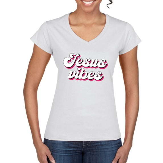 Wild Bobby Jesus Vibes Inspirational/Christian Women Standard V-Neck Tee, White, Medium