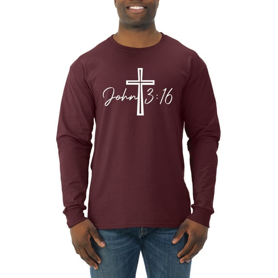 Wild Bobby John 3:16 Cross Inspirational/Christian Men Long Sleeve Shirt, Maroon, X-Large