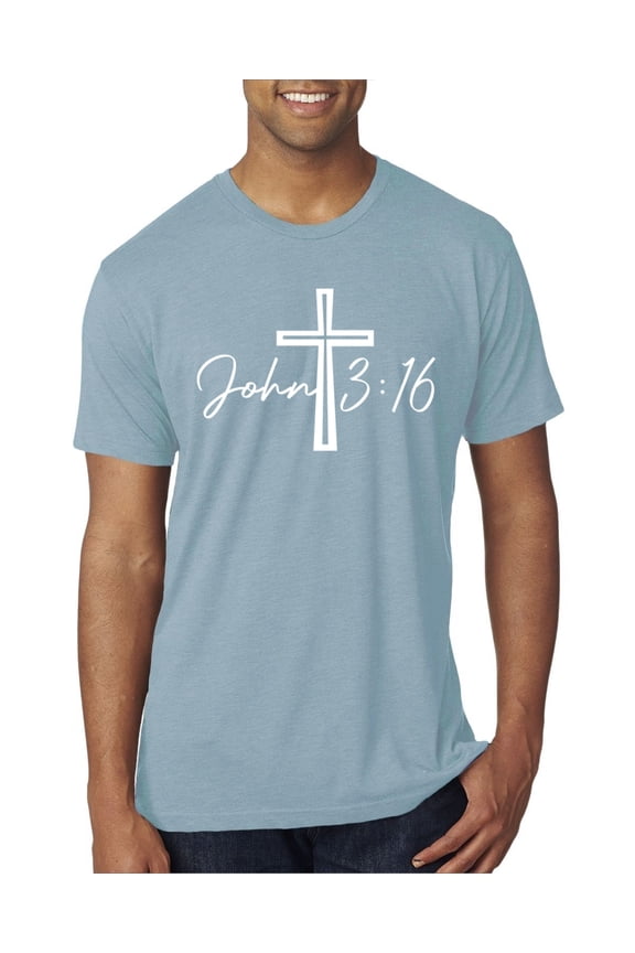 John 3:16 Cross Inspirational/Christian Men Premium Tri Blend Tee, Denim, Medium