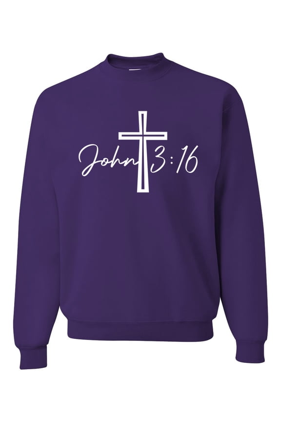 John 3:16 Cross Inspirational/Christian Unisex Crewneck Graphic Sweatshirt, Purple, Small