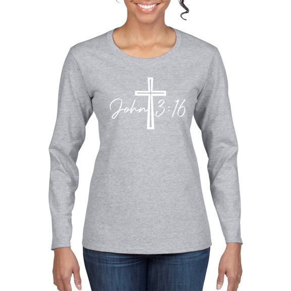 Wild Bobby John 3:16 Cross Inspirational/Christian Women Graphic Long Sleeve Tee, Heather Grey, Medium