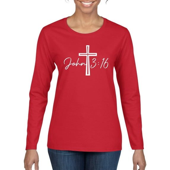 Wild Bobby John 3:16 Cross Inspirational/Christian Women Graphic Long Sleeve Tee, Red, Large