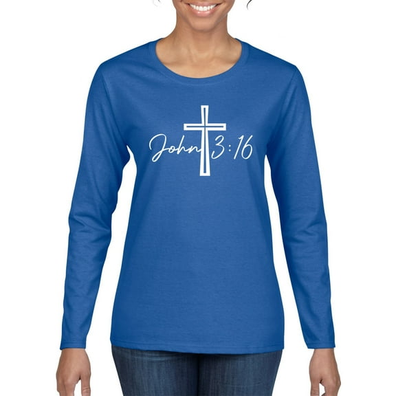Wild Bobby John 3:16 Cross Inspirational/Christian Women Graphic Long Sleeve Tee, Royal, Medium