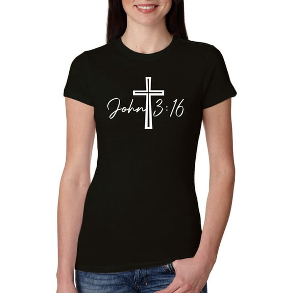 Wild Bobby John 3:16 Cross Inspirational/Christian Women Slim Fit Junior Tee, Black, Small