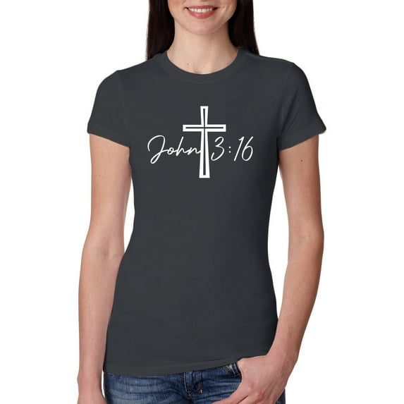 Wild Bobby John 3:16 Cross Inspirational/Christian Women Slim Fit Junior Tee, Dark Grey, XX-Large