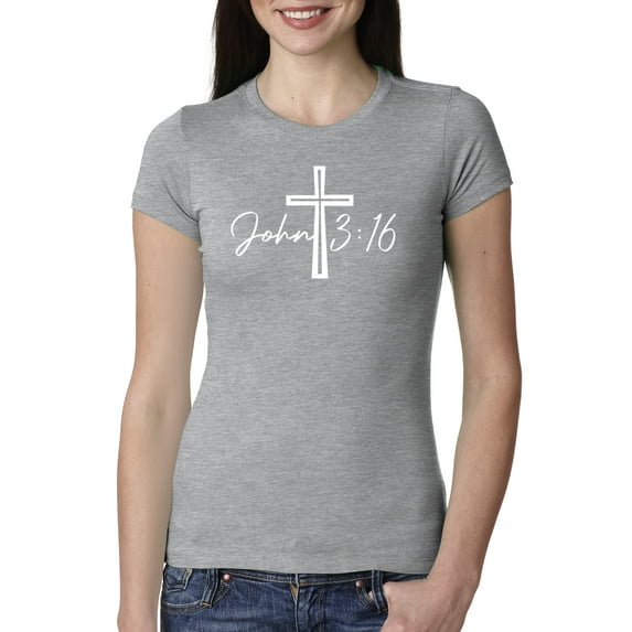 Wild Bobby John 3:16 Cross Inspirational/Christian Women Slim Fit Junior Tee, Heather Grey, Large