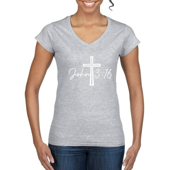 Wild Bobby John 3:16 Cross Inspirational/Christian Women Standard V-Neck Tee, Heather Grey, XX-Large