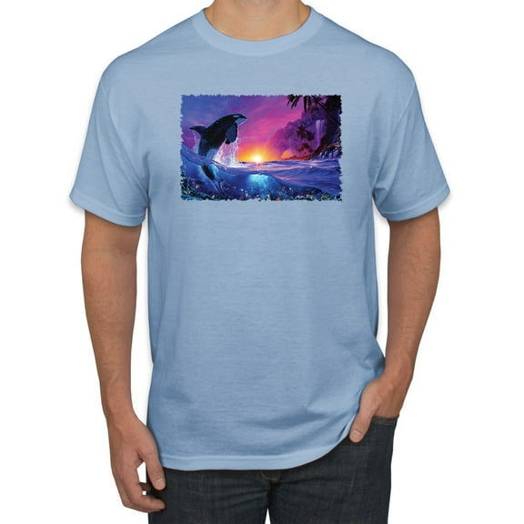 Wild Bobby, Jumping Whale During Beach Sunset, Animal Lover, Men Graphic Tees, Light Blue, Large