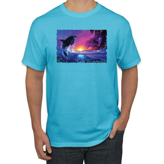 Wild Bobby, Jumping Whale During Beach Sunset, Animal Lover, Men Graphic Tees, Light Turquoise, X-Large