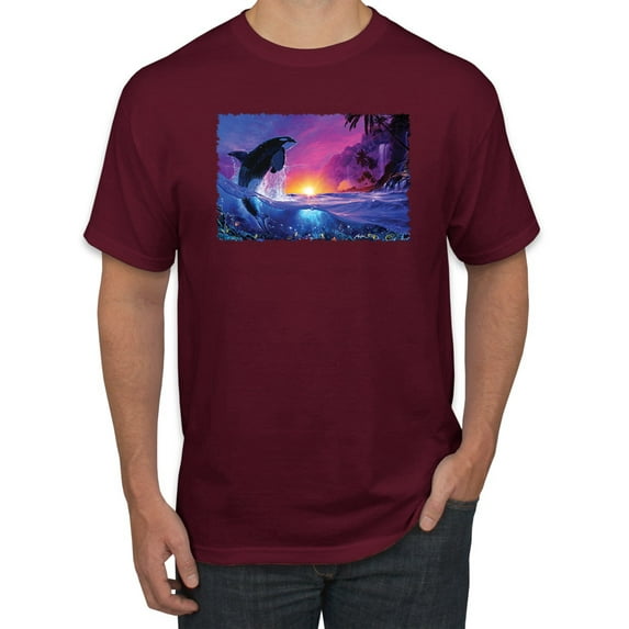 Wild Bobby, Jumping Whale During Beach Sunset, Animal Lover, Men Graphic Tees, Maroon, X-Large