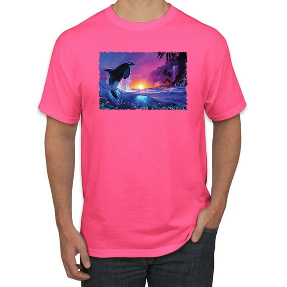 Wild Bobby, Jumping Whale During Beach Sunset, Animal Lover, Men Graphic Tees, Neon Pink, Medium