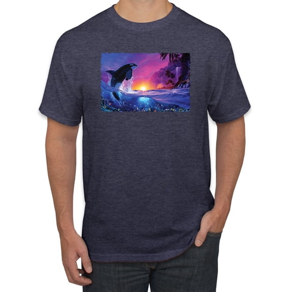 Wild Bobby, Jumping Whale During Beach Sunset, Animal Lover, Men Graphic Tees, Vintage Heather Navy, 3XL