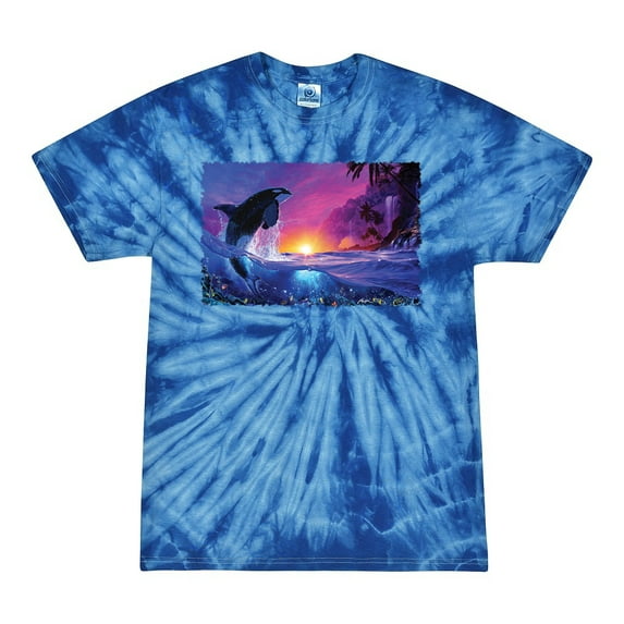 Wild Bobby, Jumping Whale During Beach Sunset, Animal Lover, Tie-Dye Tees, Spiral Royal, X-Large