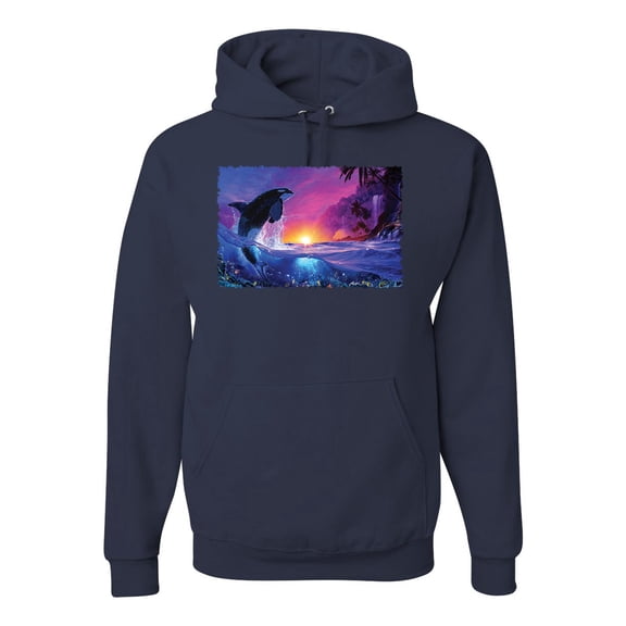 Wild Bobby, Jumping Whale During Beach Sunset, Animal Lover, Unisex Graphic Hoodie Sweatshirt, Navy, Medium