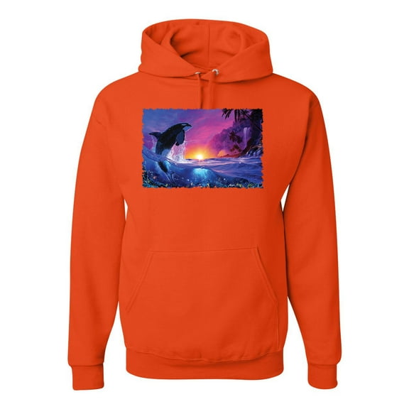 Wild Bobby, Jumping Whale During Beach Sunset, Animal Lover, Unisex Graphic Hoodie Sweatshirt, Orange, 2XL