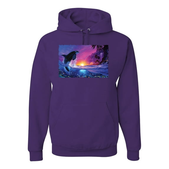 Wild Bobby, Jumping Whale During Beach Sunset, Animal Lover, Unisex Graphic Hoodie Sweatshirt, Purple, X-Large