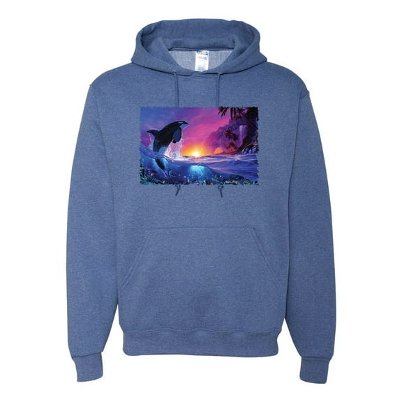 Wild Bobby, Jumping Whale During Beach Sunset, Animal Lover, Unisex Graphic Hoodie Sweatshirt, Vintage Heather Blue, X-Large