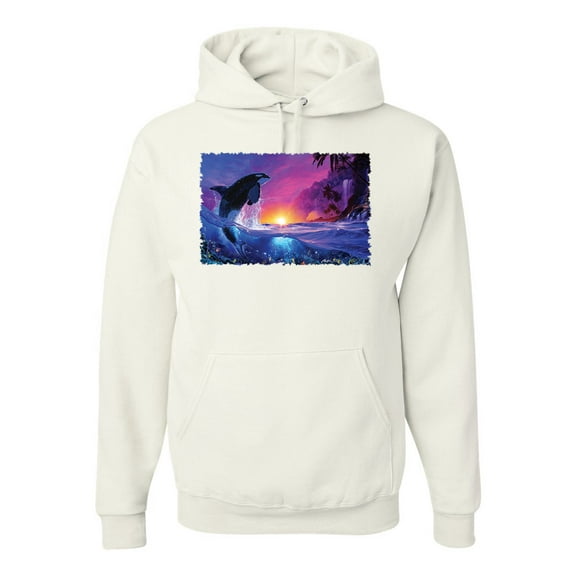 Wild Bobby, Jumping Whale During Beach Sunset, Animal Lover, Unisex Graphic Hoodie Sweatshirt, White, Medium