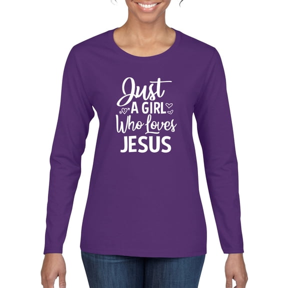 Wild Bobby Just A Girl Who Loves Jesus Inspirational/Christian Women Graphic Long Sleeve Tee, Purple, X-Large