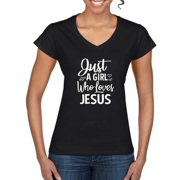 Wild Bobby Just A Girl Who Loves Jesus Inspirational/Christian Women Standard V-Neck Tee, Black, Large