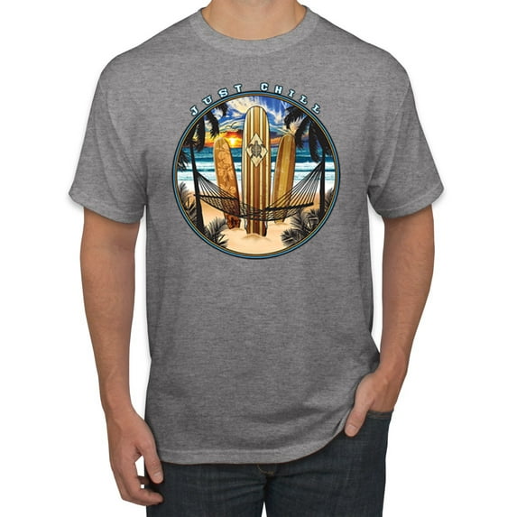 Wild Bobby, Just Chill Surfing Sports Men's Graphic T-Shirt, Heather Grey, 5XL