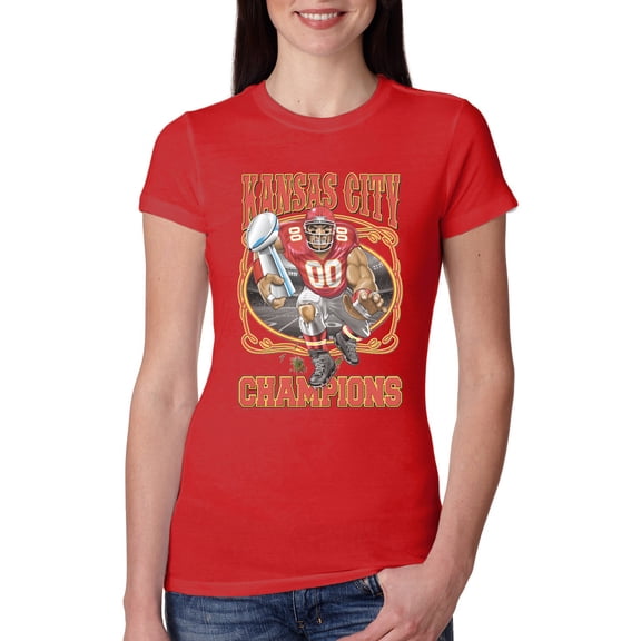 Wild Bobby Kansas World Champions Football Sports Women Slim Fit Junior Tee, Red, Small