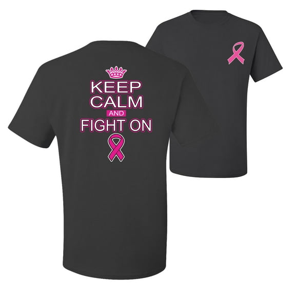 Wild Bobby, Keep Calm and Fight On, Breast Cancer Awareness, Front and Back Men Graphic Tee, Charcoal, 5X-Large