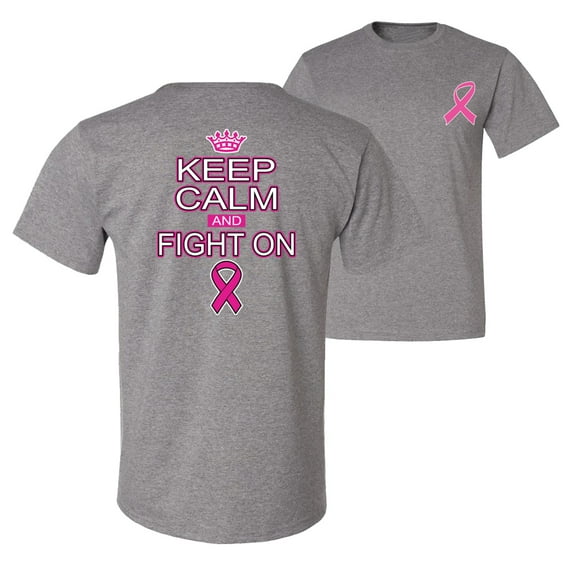 Wild Bobby, Keep Calm and Fight On, Breast Cancer Awareness, Front and Back Men Graphic Tee, Heather Grey, XX-Large