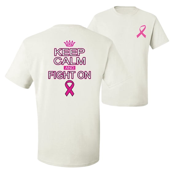 Wild Bobby, Keep Calm and Fight On, Breast Cancer Awareness, Front and Back Men Graphic Tee, White, XX-Large