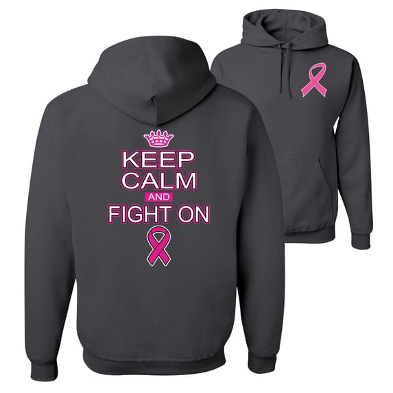 Wild Bobby, Keep Calm and Fight On, Breast Cancer Awareness, Front and Back Unisex Graphic Hoodie Sweatshirt, Charcoal, X-Large