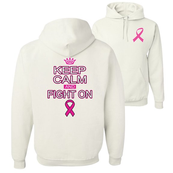 Wild Bobby, Keep Calm and Fight On, Breast Cancer Awareness, Front and Back Unisex Graphic Hoodie Sweatshirt, White, XX-Large