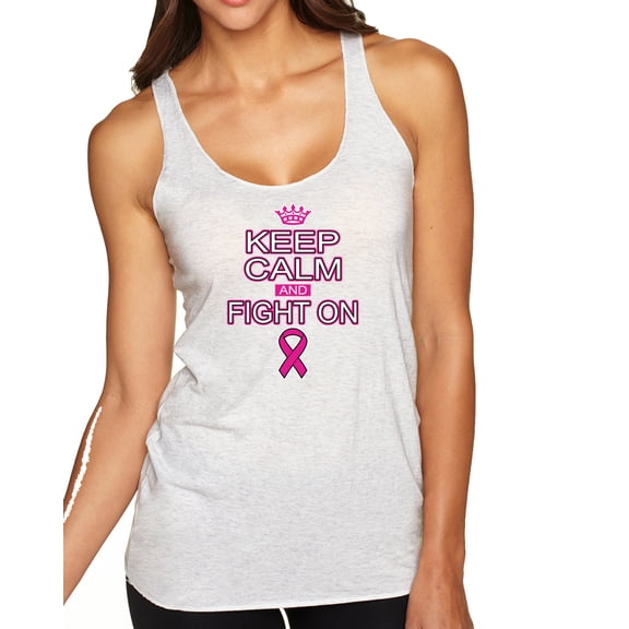 Wild Bobby, Keep Calm and Fight On Breast Cancer Awareness Tri-Blend Racerback Tank Top, Heather White, Small