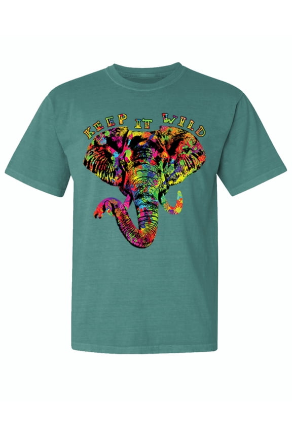 , Keep It Wild Colorful Elephant Face, Animal Lover, Garment-Dyed Washed Look Short Sleeve T-Shirt, Emerald, X-Large