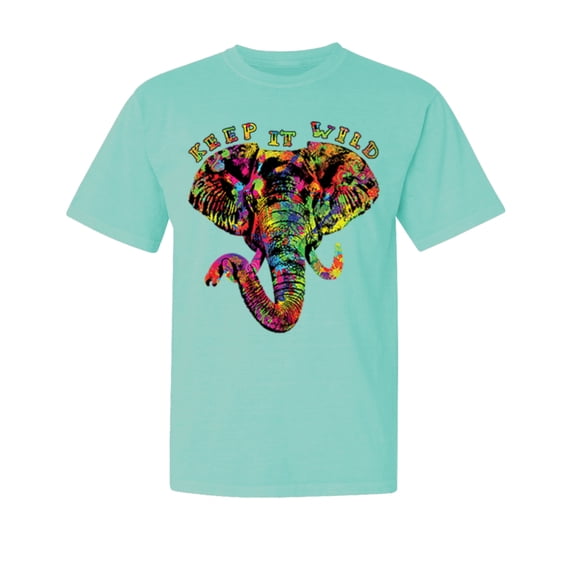 Wild Bobby, Keep It Wild Colorful Elephant Face, Animal Lover, Garment-Dyed Washed Look Short Sleeve T-Shirt, Mint, Large